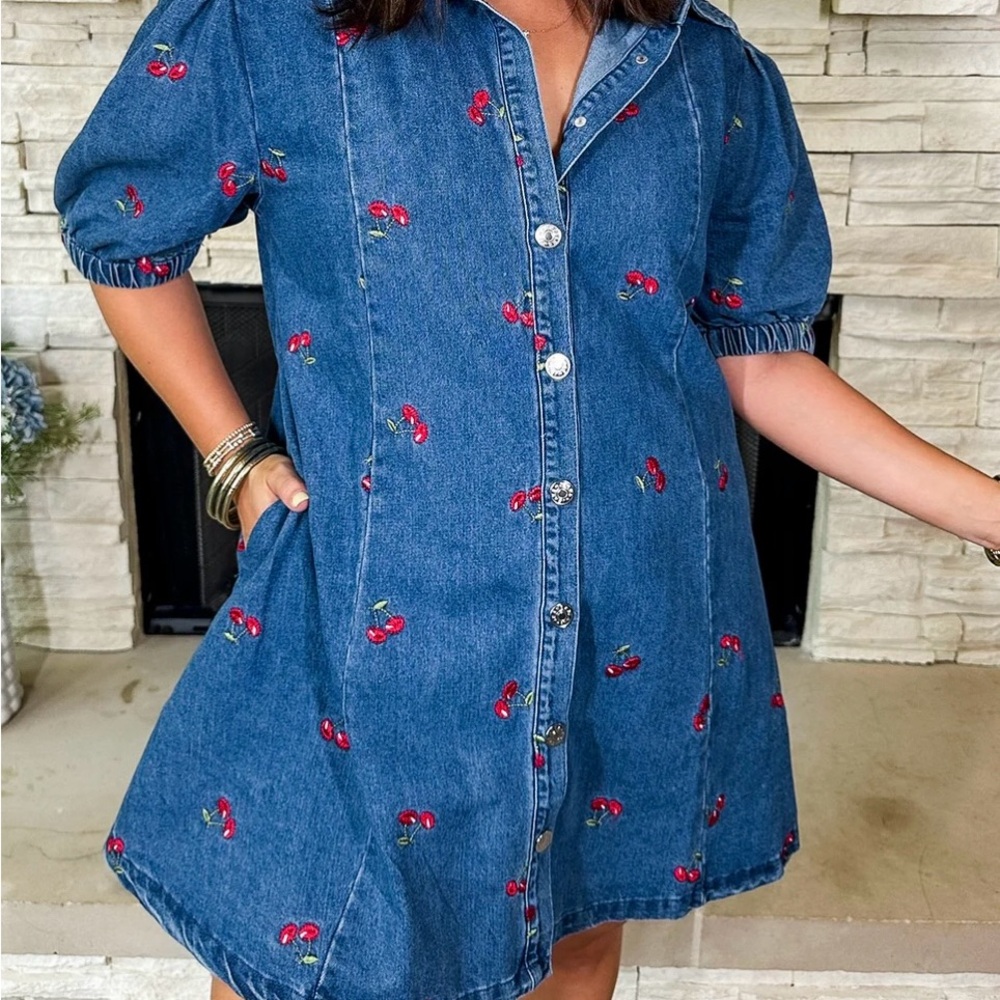 New w/tag Denim short Dress with Cherry Embroidery and pockets